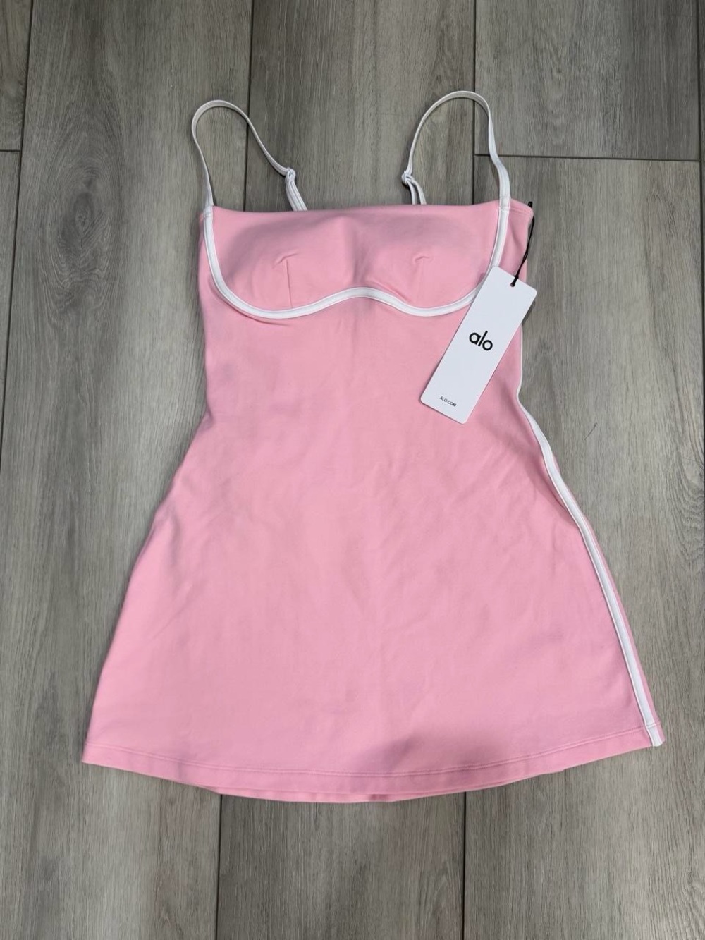 ALO Airbrush Streamlined Mini Dress in Pink Marshmallow with Contrast White Trim
